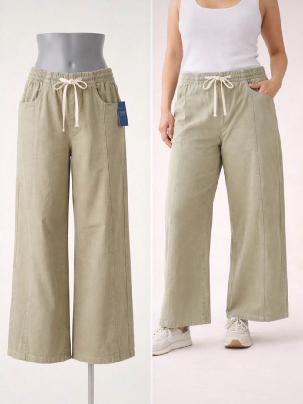 Wide Leg Drawstring Pants in Light Olive - Picture 2 of 4